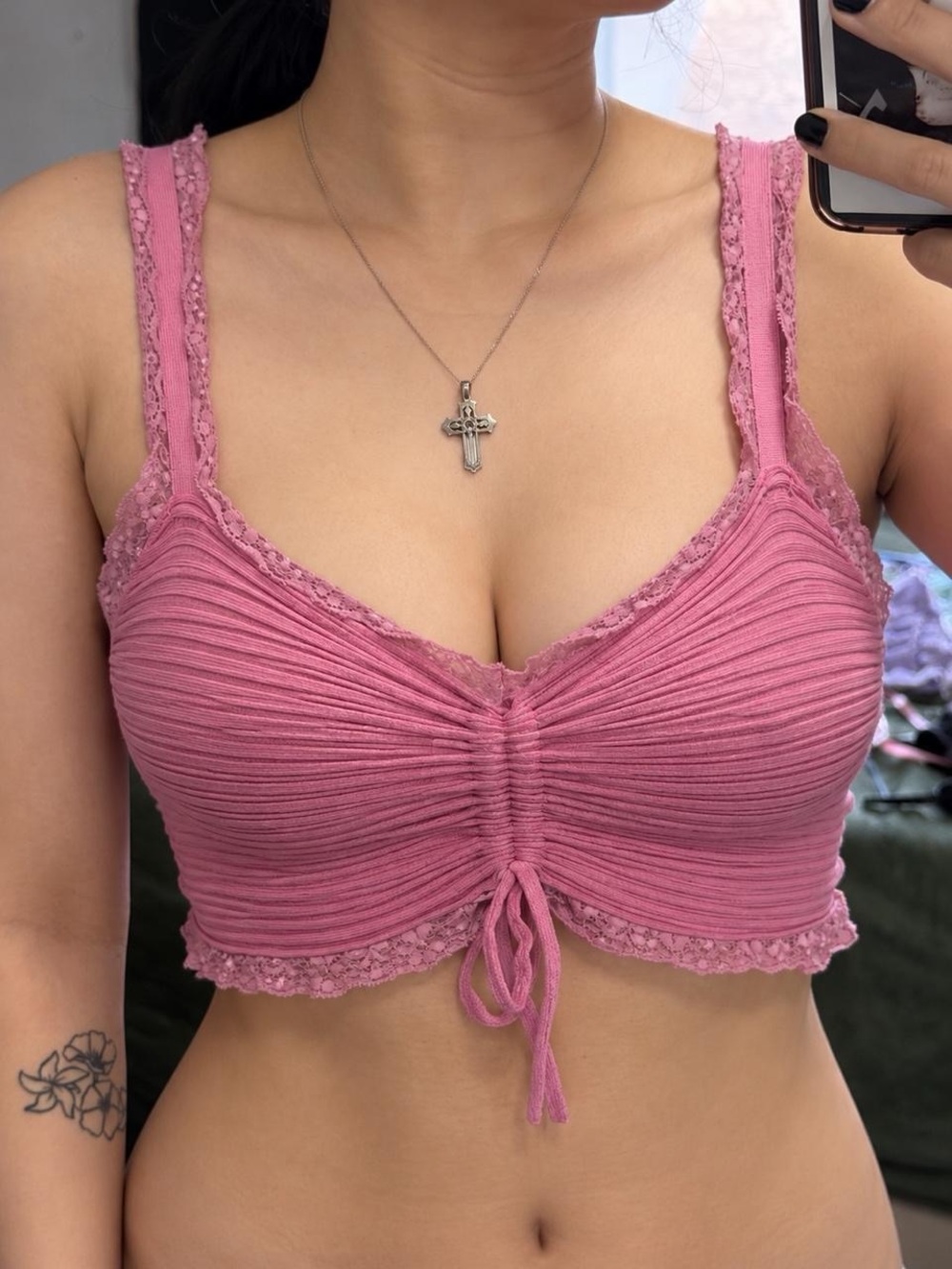 Garage Pink Ribbed Lace-Trim Bralette